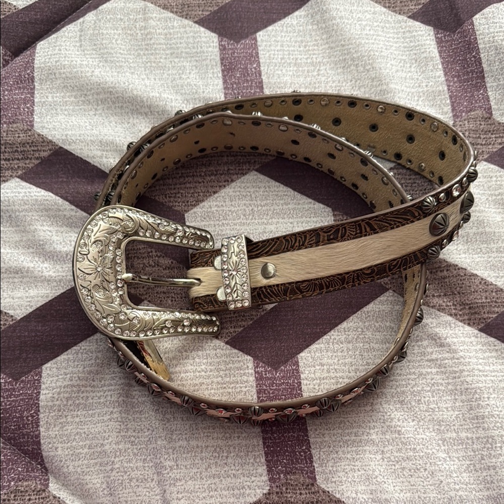 NWT Rustic Silver and Brown Leather Belt with Distressed Finish